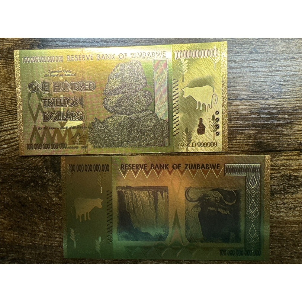 One Hundred Trillion Dollars Zimbabwe 24k Gold Foil Banknote Collectible Bill